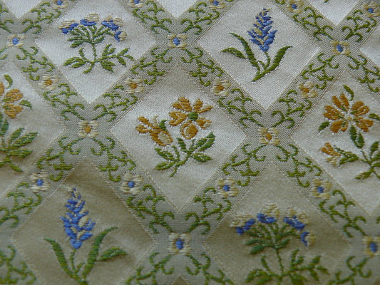 100% SILK LAMPAS ORANGE & BLUE PETITE FLOWER DIAMOND