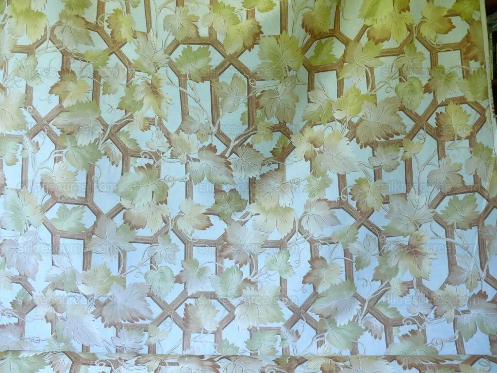 Brunschwig &amp; Fils Vite Grape Vineyard Foliage Viticulture Printed Cotton Satin Light Blue Sky Green