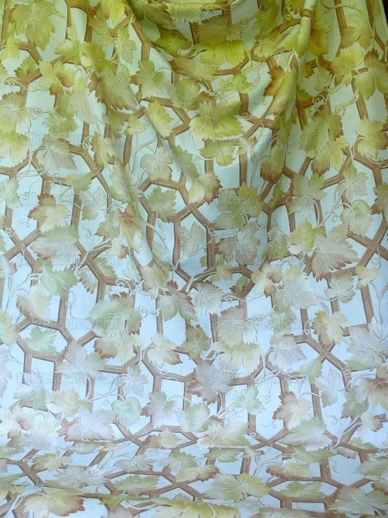 Brunschwig &amp; Fils Vite Grape Vineyard Foliage Viticulture Printed Cotton Satin Light Blue Sky Green