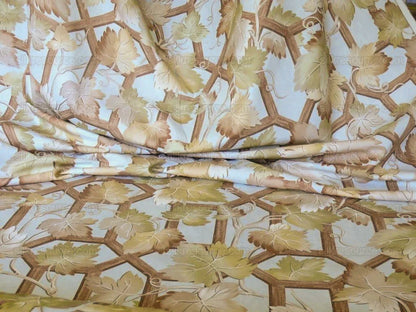 Brunschwig & Fils Vite Grape Vineyard Foliage Viticulture Printed Cotton Satin Light Blue Sky Green
