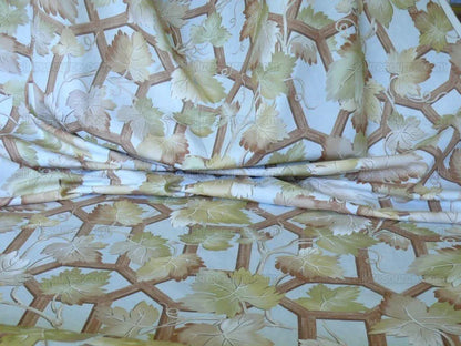 Brunschwig &amp; Fils Vite Grape Vineyard Foliage Viticulture Printed Cotton Satin Light Blue Sky Green