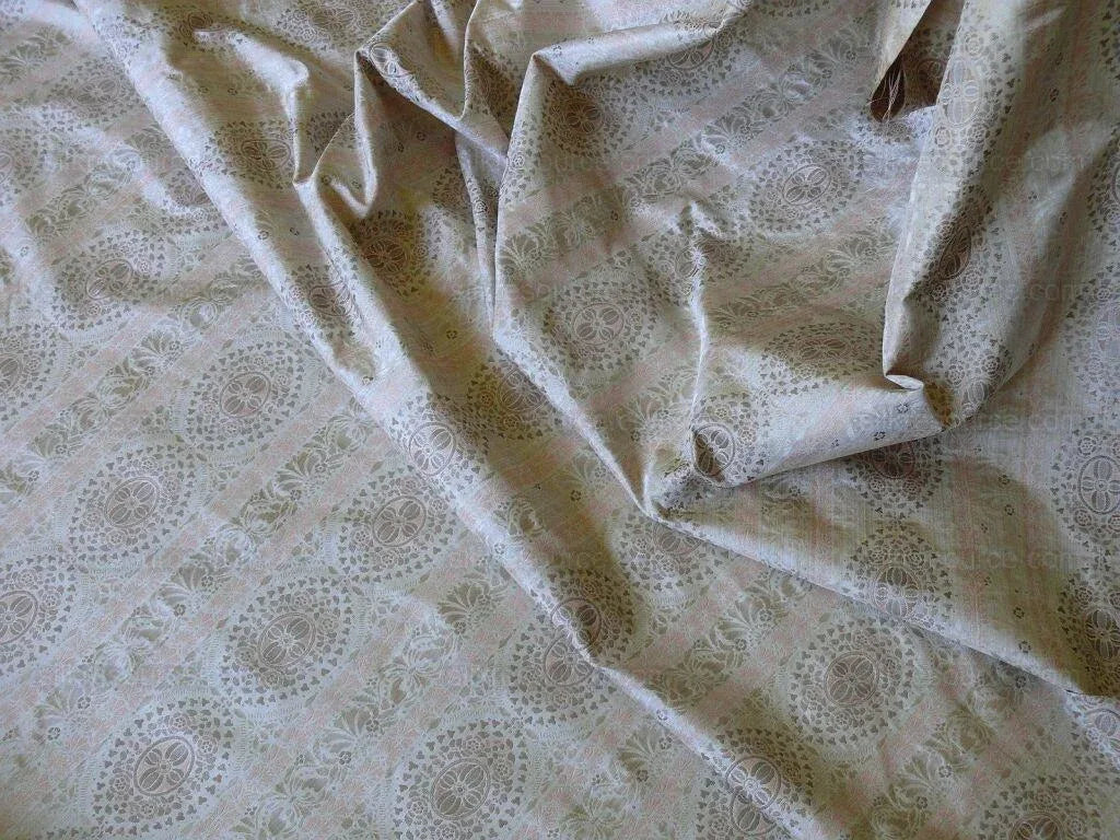 By Yard Fabricut Medallion 100% Silk Stripe In Petal Pink Silvery White Cream Green Gold Strie