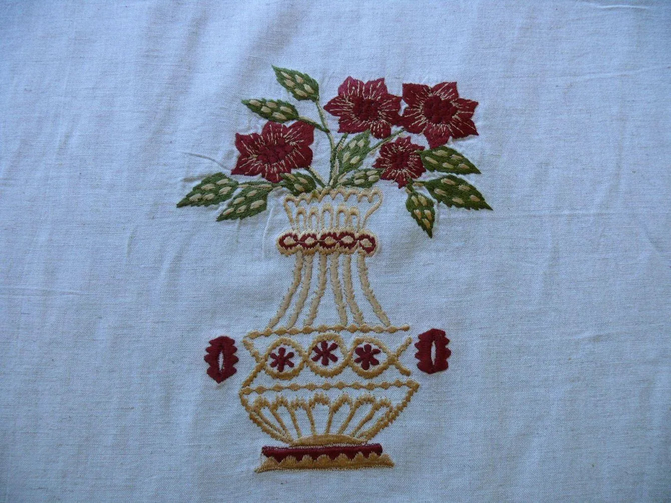 Fabricut Quilvio Embroidered Linen/Cotton RED Bouquet on NAT BTY