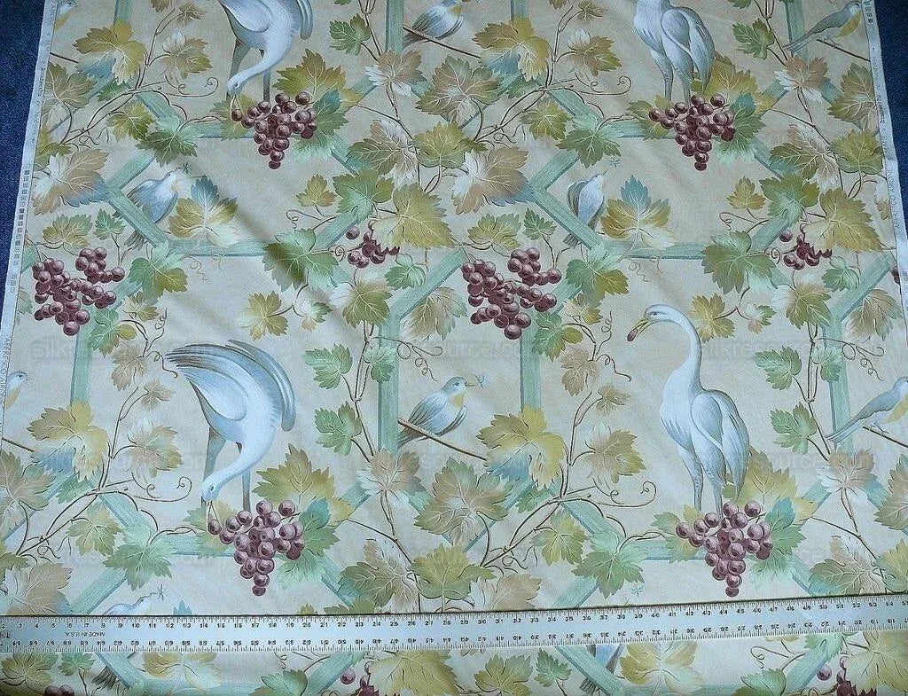 Brunschwig &amp; Fils Affresco Airone Grape Crane Bird Leaves Green Violet On Yellow Viticulture Lattice