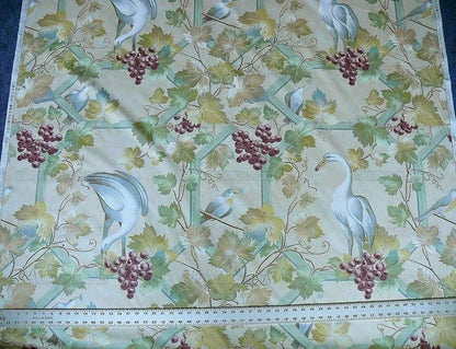 Brunschwig &amp; Fils Affresco Airone Grape Crane Bird Leaves Green Violet On Yellow Viticulture Lattice