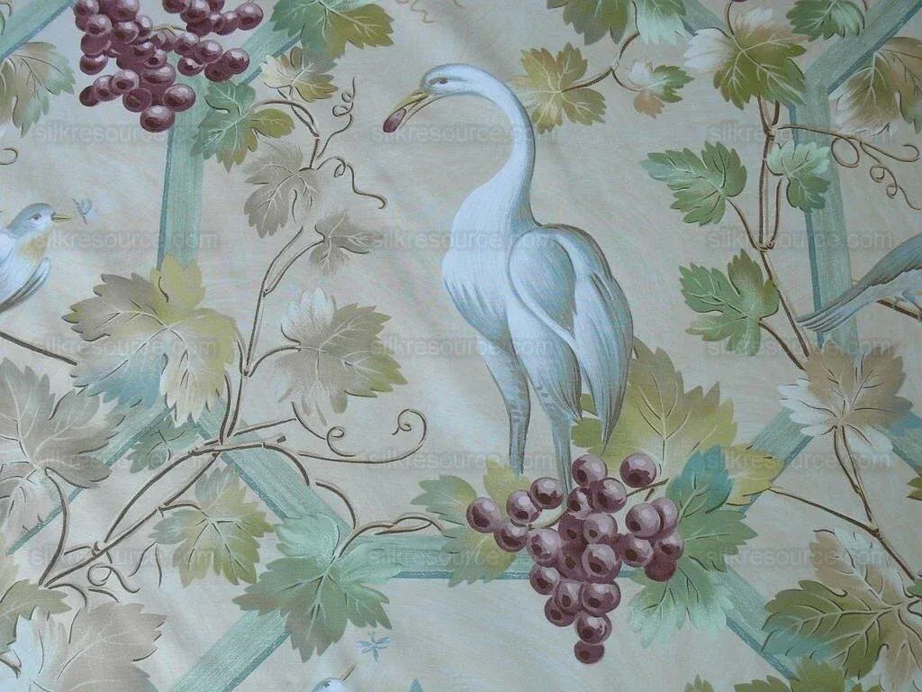 Brunschwig &amp; Fils Affresco Airone Grape Crane Bird Leaves Green Violet On Yellow Viticulture Lattice