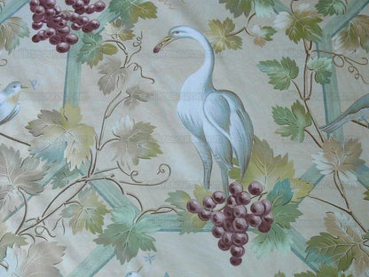 Brunschwig &amp; Fils Affresco Airone Grape Crane Bird Leaves Green Violet On Yellow Viticulture Lattice