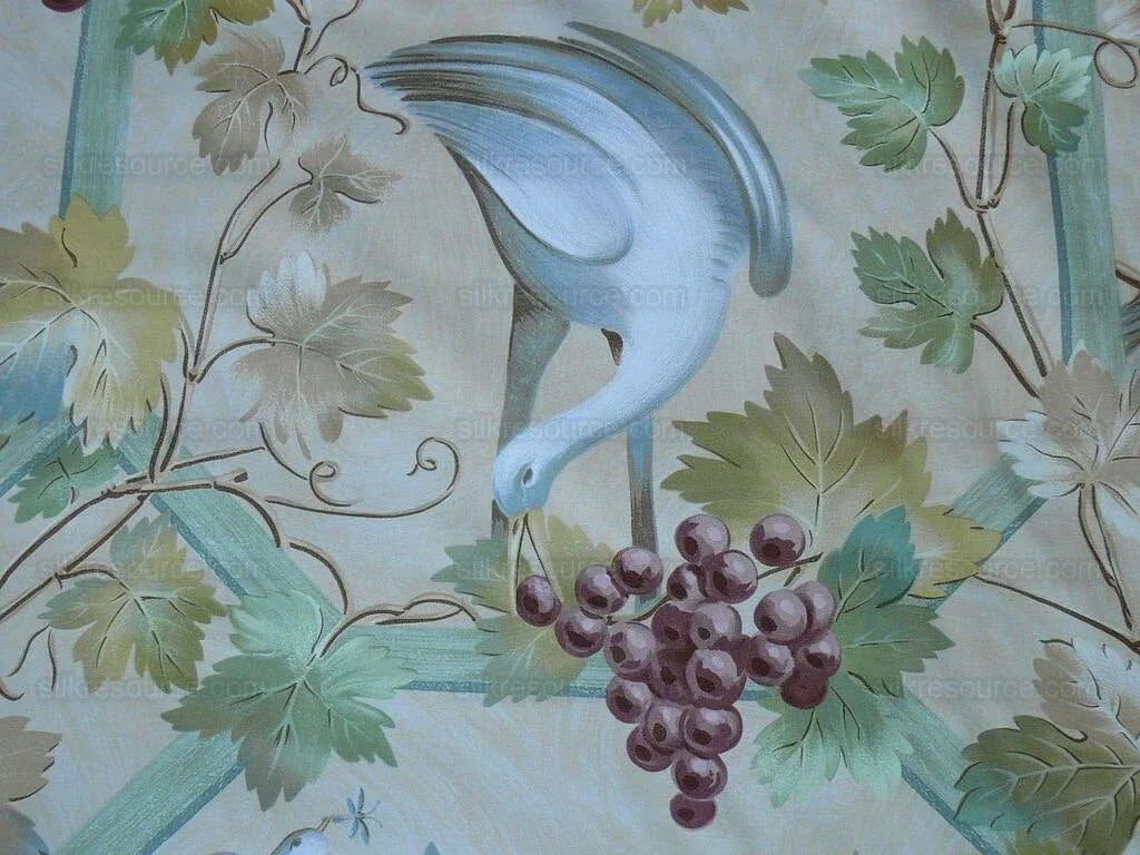 Brunschwig &amp; Fils Affresco Airone Grape Crane Bird Leaves Green Violet On Yellow Viticulture Lattice