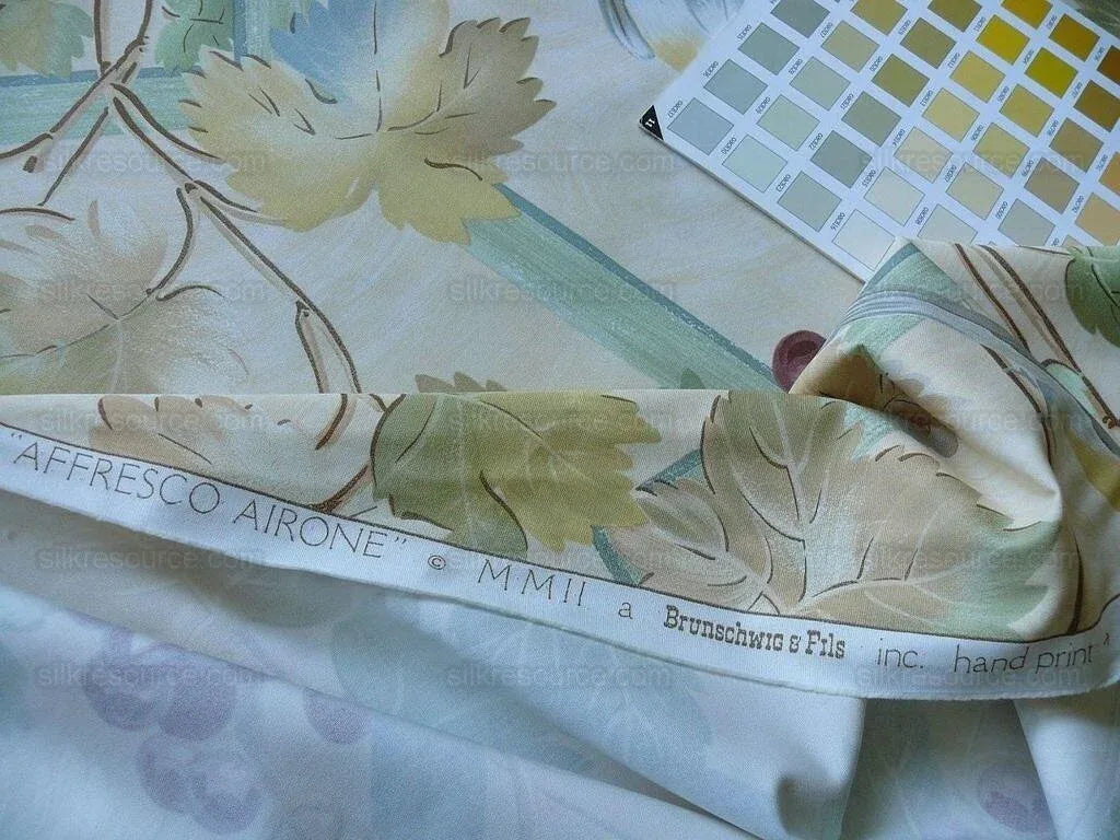 Brunschwig &amp; Fils Affresco Airone Grape Crane Bird Leaves Green Violet On Yellow Viticulture Lattice