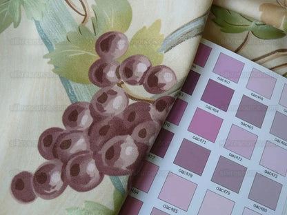 Brunschwig &amp; Fils Affresco Airone Grape Crane Bird Leaves Green Violet On Yellow Viticulture Lattice