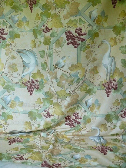 Brunschwig &amp; Fils Affresco Airone Grape Crane Bird Leaves Green Violet On Yellow Viticulture Lattice