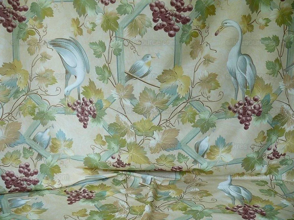 Brunschwig &amp; Fils Affresco Airone Grape Crane Bird Leaves Green Violet On Yellow Viticulture Lattice