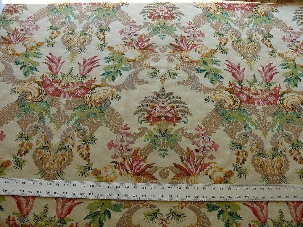 Scalamandre Duchessa Hand Printed Cotton Floral Print Coral and Plum on Putty