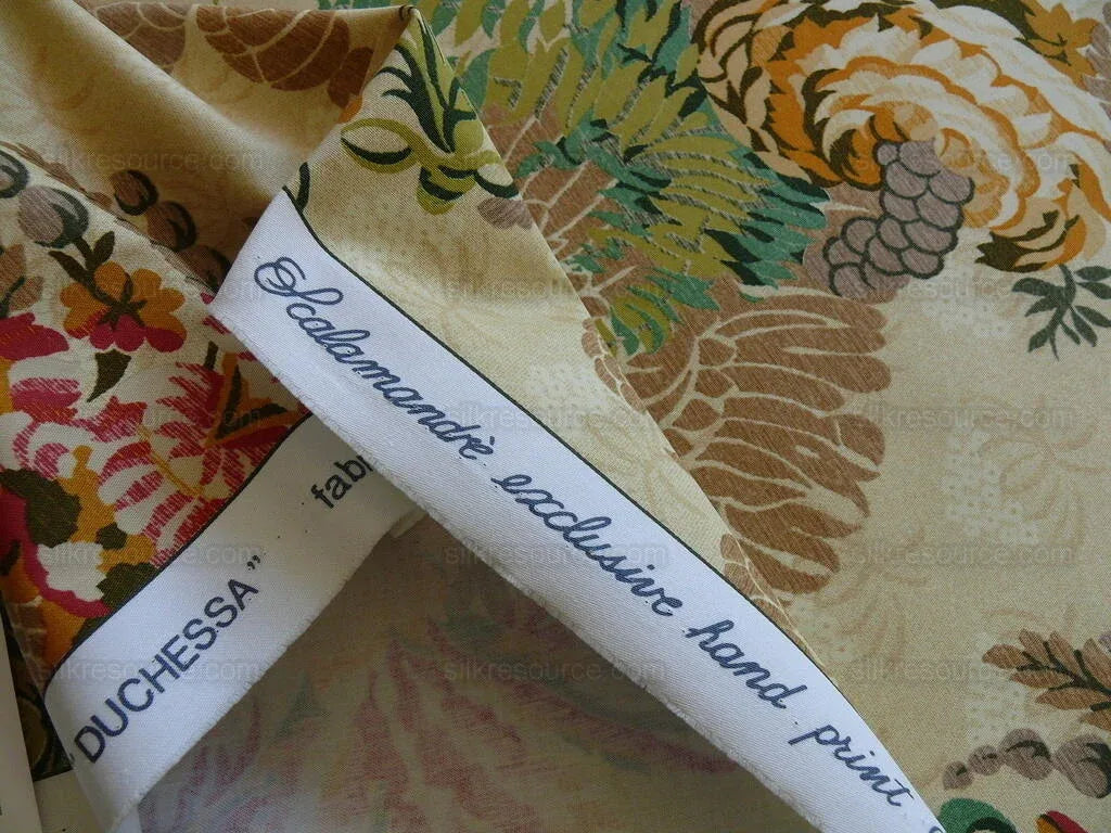 Scalamandre Duchessa Hand Printed Cotton Floral Print Coral and Plum on Putty