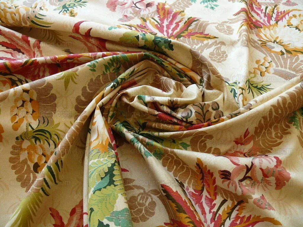 Scalamandre Duchessa Hand Printed Cotton Floral Print Coral and Plum on Putty