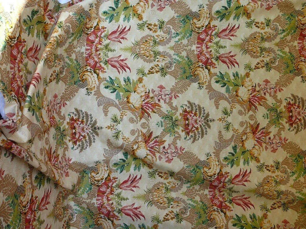 Scalamandre Duchessa Hand Printed Cotton Floral Print Coral and Plum on Putty