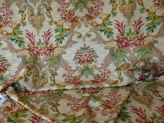 Scalamandre Duchessa Hand Printed Cotton Floral Print Coral and Plum on Putty