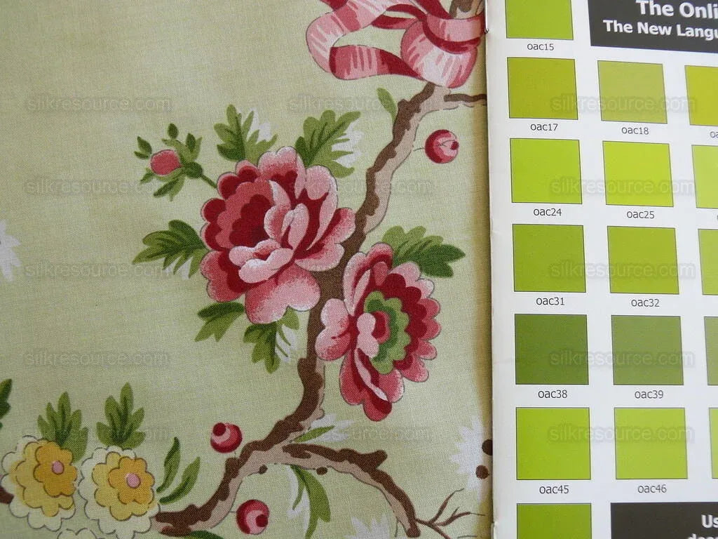 Scalamandre Floreale 100% Cotton Print Celery Green Chinoiserie Peach Tree MSRP USD 284/yard