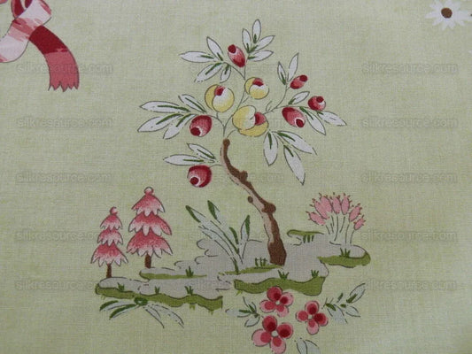Scalamandre Floreale 100% Cotton Print Celery Green Pink Red Chinoiserie Peach Tree MSRP USD 284/yard