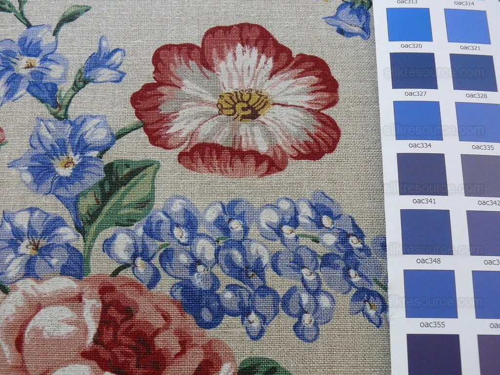 Scalamandre Lady's Fancy Print Rose Pink Green Bright Blue Purple Multi Rose Peony Tulip Hydrangea Raw Linen Heavy 16 Screens MSRP USD 216/y