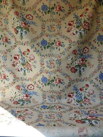 Scalamandre Lady's Fancy Print Rose Pink Green Bright Blue Purple Multi Rose Peony Tulip Hydrangea Raw Linen Heavy 16 Screens MSRP USD 216/y