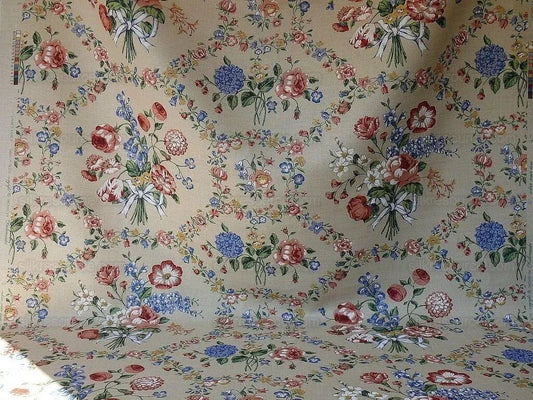 Scalamandre Lady's Fancy Print Rose Pink Green Bright Blue Purple Multi Rose Peony Tulip Hydrangea Raw Linen Heavy 16 Screens MSRP USD 216/y
