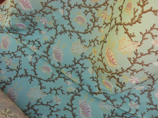 SCALAMANDRE COQUILLAGE a CORAL TAUPE ON AQUA SEASHELL MSRP$513