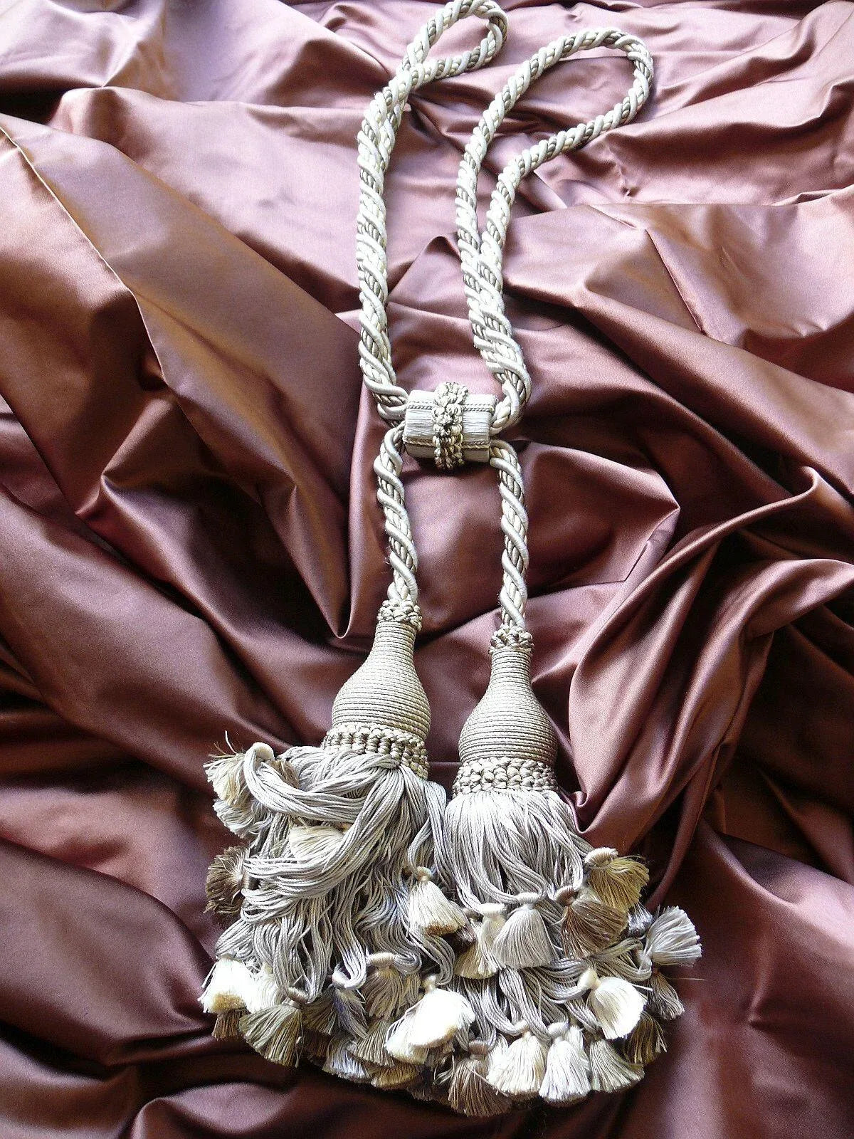 SCALAMANDRE VICHY 100% SILK DOUBLE TIE BACK "STONE" NEUTRALS MSR