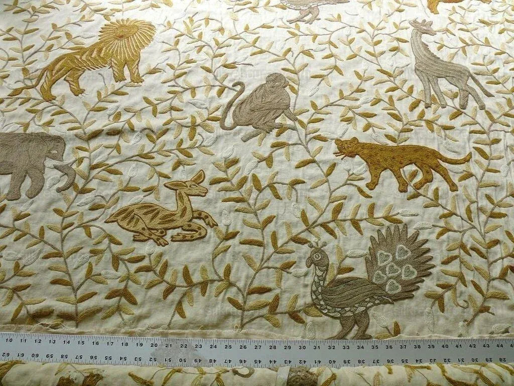 By yard Lee Jofa Hand Crewel Almora Lion Elephant Monkey Safari Gold Brown MSRP USD 316/Y