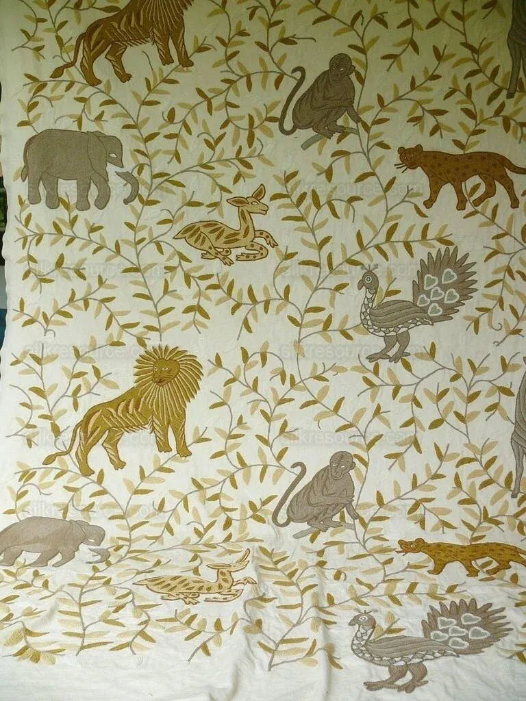 By yard Lee Jofa Hand Crewel Almora Lion Elephant Monkey Safari Gold Brown MSRP USD 316/Y