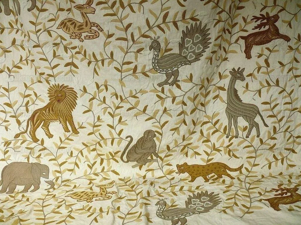 By yard Lee Jofa Hand Crewel Almora Lion Elephant Monkey Safari Gold Brown MSRP USD 316/Y