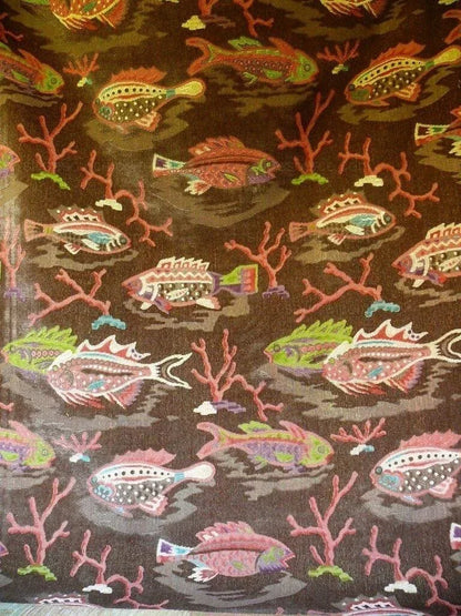 Clarence House Pesce Tropicale  Fish Ocean Brown Cut Linen Velve