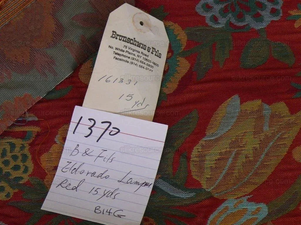 Brunschwig & Fils Eldorado Silk Lampas Crimson Red Flower &ribbo