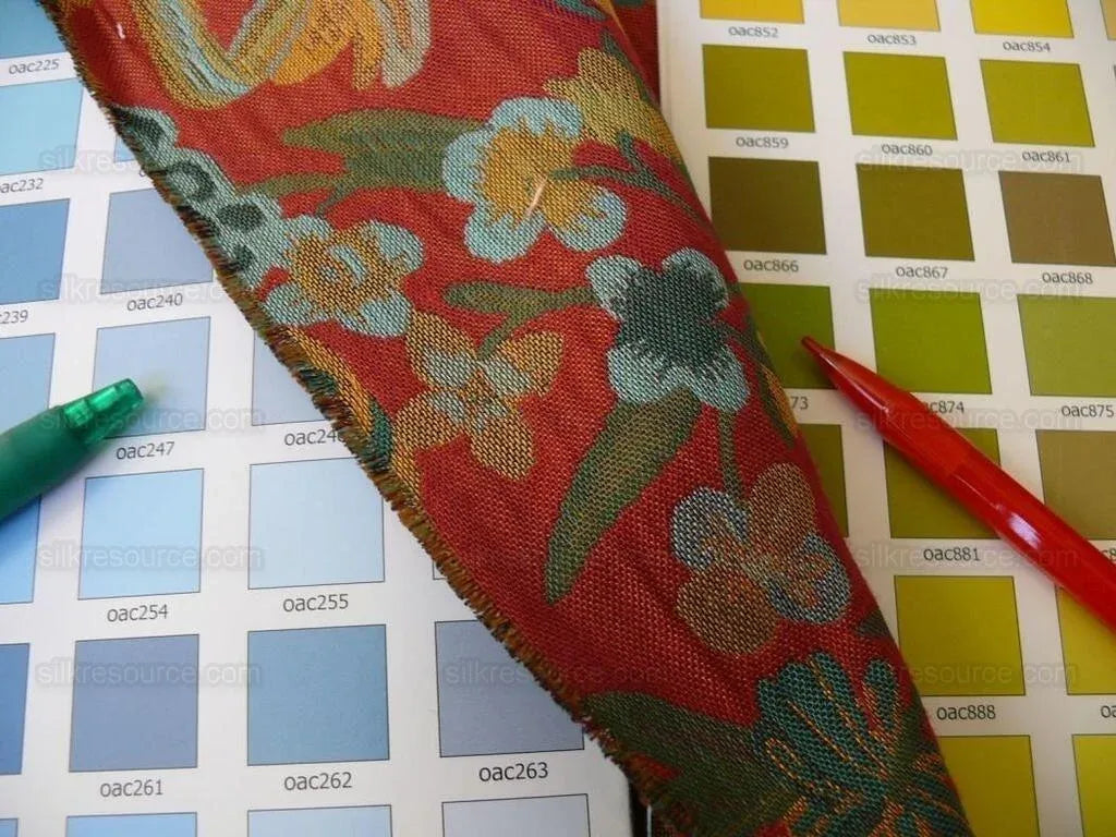 Brunschwig & Fils Eldorado Silk Lampas Crimson Red Flower &ribbo