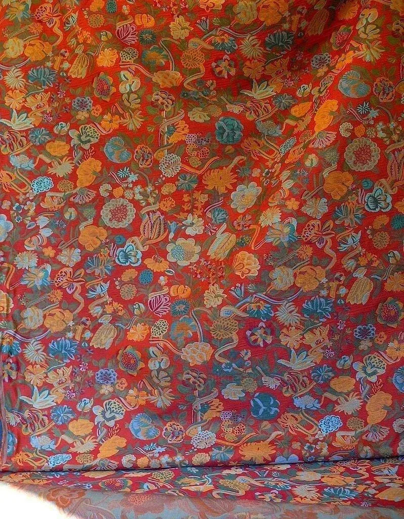 Brunschwig & Fils Eldorado Silk Lampas Crimson Red Flower &ribbo