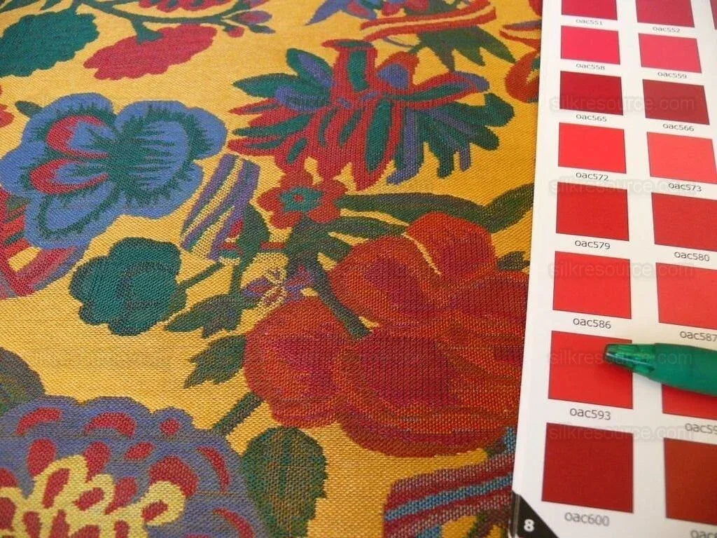 Brunschwig &amp; Fils Eldorado Silk Lampas Gold Red Flower &amp;ribbon