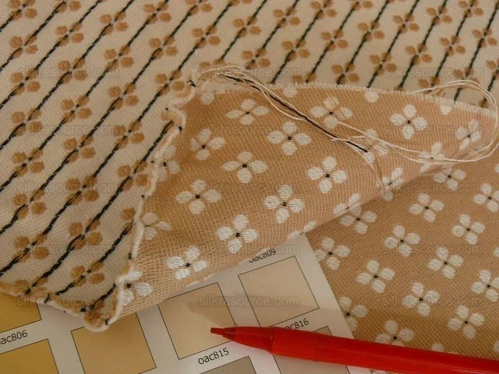 Scalamandre Trellis Jarquard White Burlap Tan Small Scale Daisy Four-leaf Clover Transitional, Width 50" wide (Not 54")