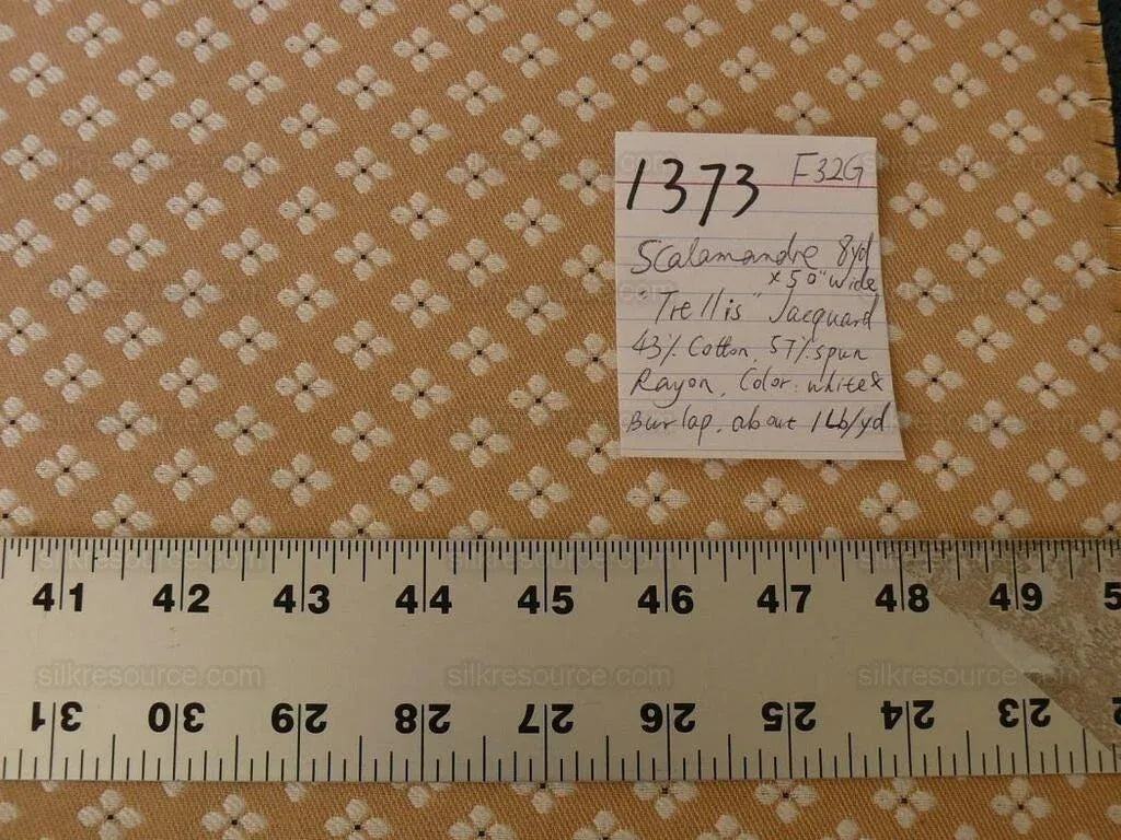 Scalamandre Trellis Jarquard White Burlap Tan Small Scale Daisy Four-leaf Clover Transitional, Width 50" wide (Not 54")