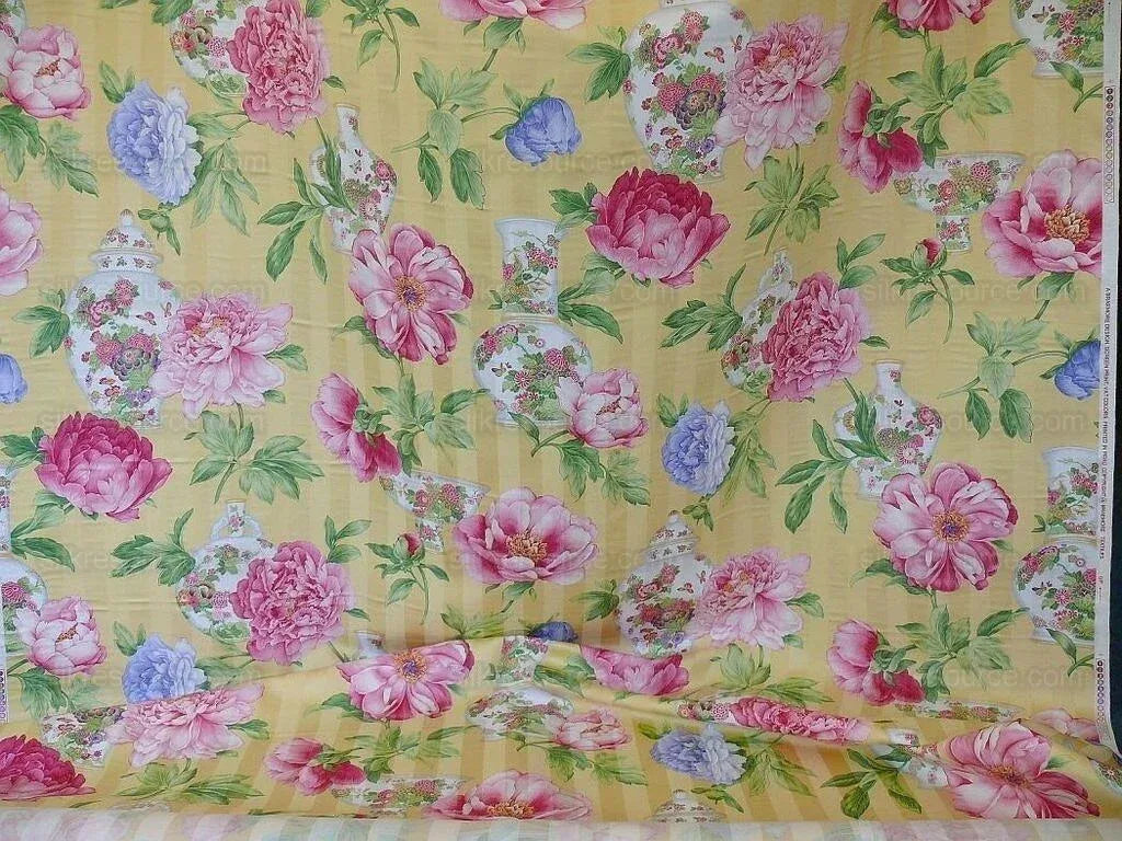 Gorgeous Chinoiserie Peony Print Cotton Satin Porcelain Ginger Jar