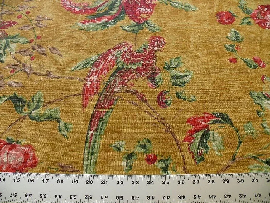 By Yard Scalamandre Dunraven Bird Of Paradise Hand Print Union Cloth Gold Mustard Pink Red Green MSRP USD 442/Y