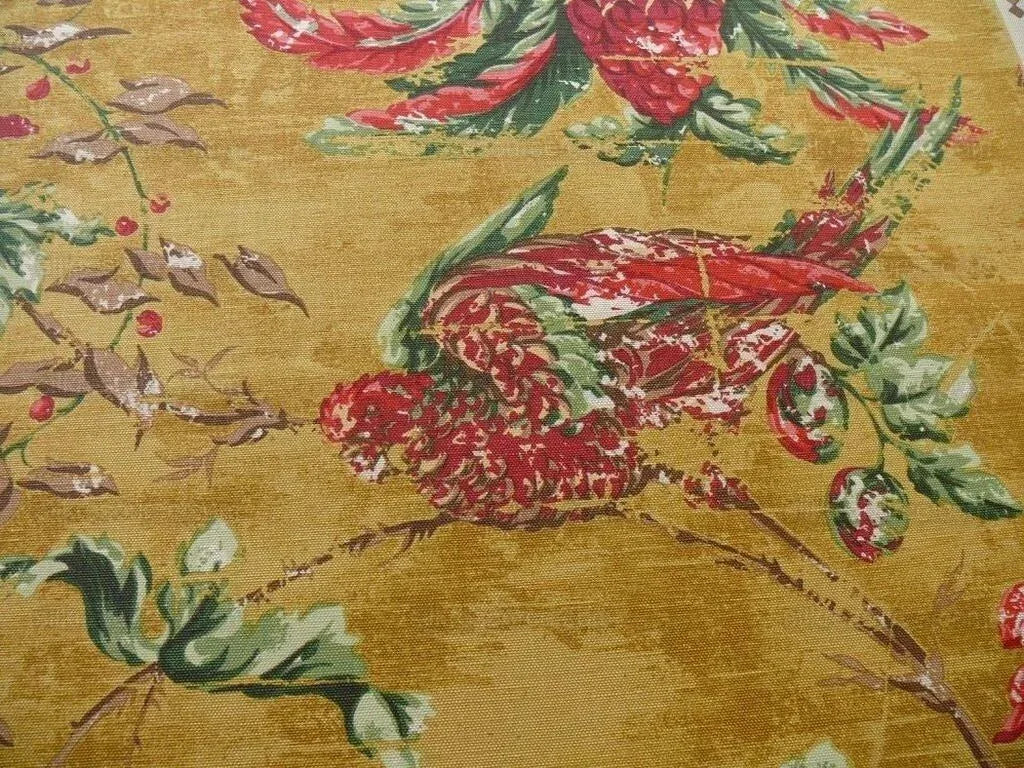 By Yard Scalamandre Dunraven Bird Of Paradise Hand Print Union Cloth Gold Mustard Pink Red Green MSRP USD 442/Y