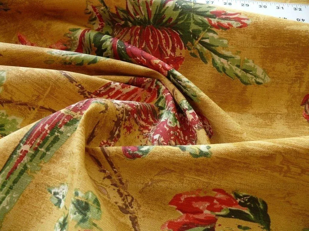By Yard Scalamandre Dunraven Bird Of Paradise Hand Print Union Cloth Gold Mustard Pink Red Green MSRP USD 442/Y