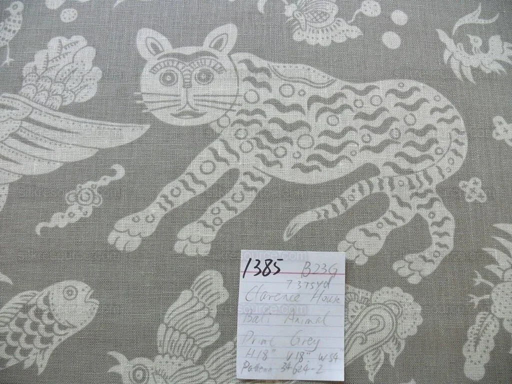 Clarence House Bali Mythical Animals  Linen Print Asian Tiger Peacock Fish Grey White