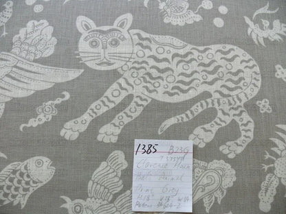 Clarence House Bali Mythical Animals  Linen Print Asian Tiger Peacock Fish Grey White