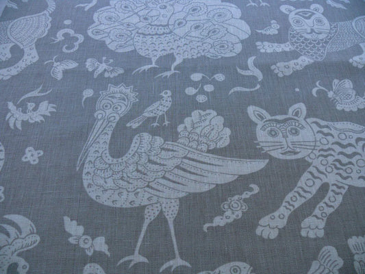 CLARENCE HOUSE BALI MYTHICAL ANIMAL TIGER PEACOCK LINEN GREY