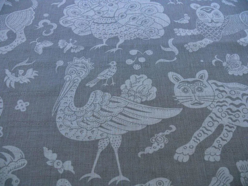Clarence House Bali Mythical Animals  Linen Print Asian Tiger Peacock Fish Grey White