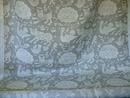 Clarence House Bali Mythical Animals  Linen Print Asian Tiger Peacock Fish Grey White