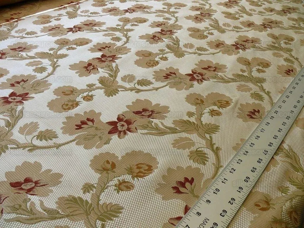 Scalamandre 100% Silk Lampas Lorraine Lace Flower Garland Red Green Gold on Cream White Heavy!