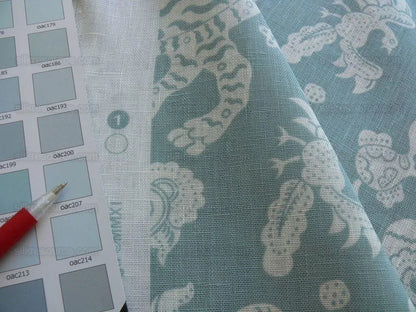 Clarence House Mythical Animals Bali Aqua Blue Robbin's Egg Linen Print Asian Tiger Peacock Fish