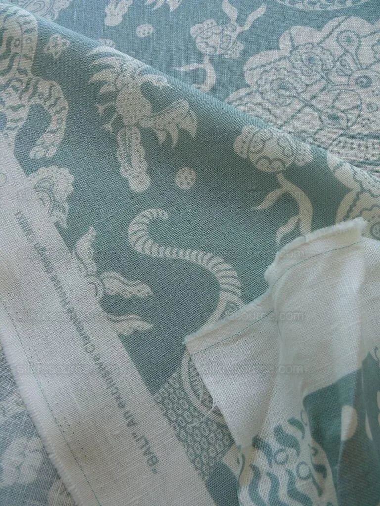 Clarence House Mythical Animals Bali Aqua Blue Robbin's Egg Linen Print Asian Tiger Peacock Fish